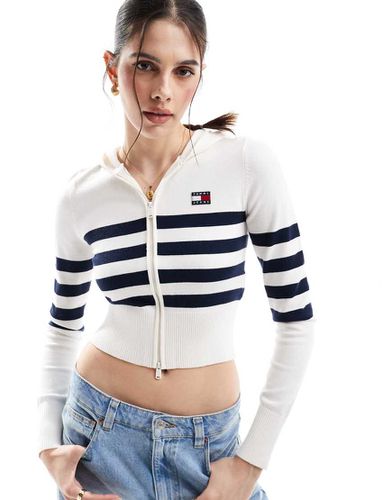 Felpa con cappuccio in maglia bianca e blu navy a righe con zip - Tommy Jeans - Modalova