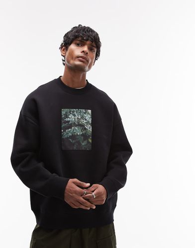 Felpa oversize nera con stampa di foglie applicata - Topman - Modalova