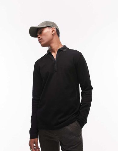 Polo a maniche lunghe nera con zip e nastro a contrasto - Topman - Modalova