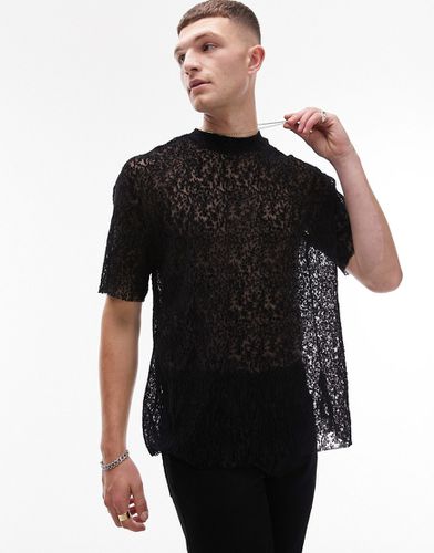 T-shirt oversize nera con pizzo a rete plissé - Topman - Modalova