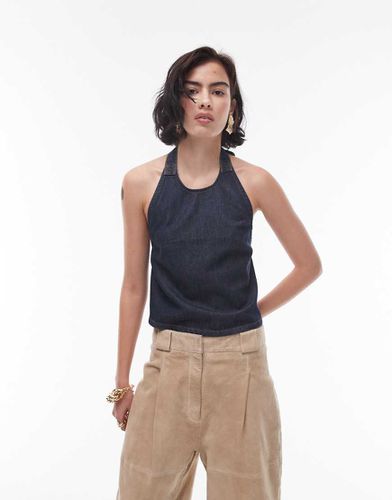 Top allacciato al collo in denim indaco con fibbia - Topshop - Modalova