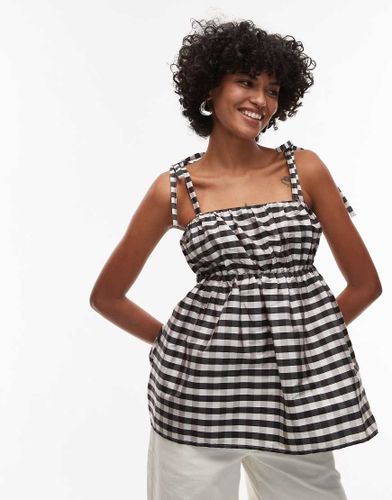 Top babydoll en taffetas - Noir et blanc vichy - Topshop - Modalova