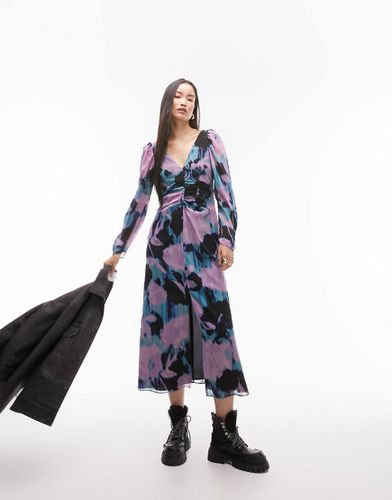 Vestito midi con arricciatura davanti e stampa a fiori lilla - Topshop - Modalova