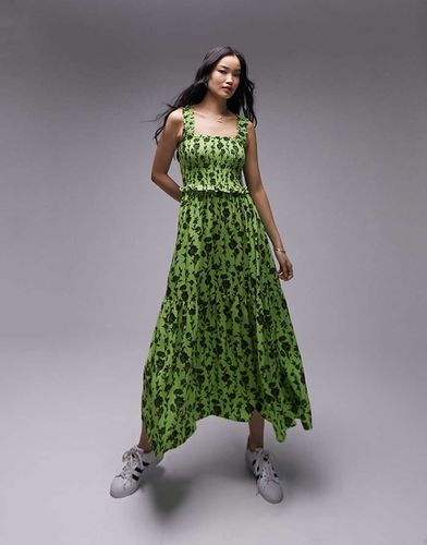 Vestito midi arricciato stile scamiciato verde a fiori neri - Topshop - Modalova