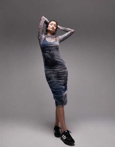Vestito midi blu e grigio in rete arricciata e stropicciata - Topshop - Modalova