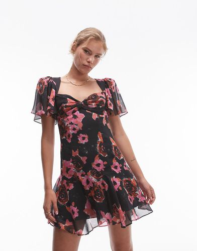 Vestito da giorno corto nero a fiori rosa con incrocio - Topshop - Modalova