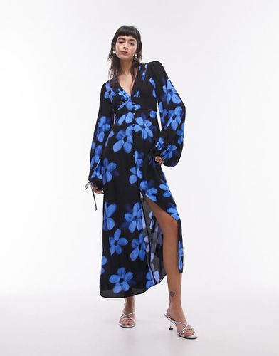 Vestito lungo a fiori blu con scollo a V e bottoni - Topshop - Modalova