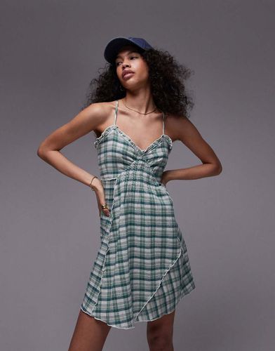 Vestito svolazzante corto menta a quadri con spalline sottili e arricciatura in vita - Topshop - Modalova