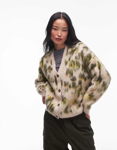 Cardigan oversize in maglia spazzolata verde con stampa animalier astratta - Topshop - Modalova