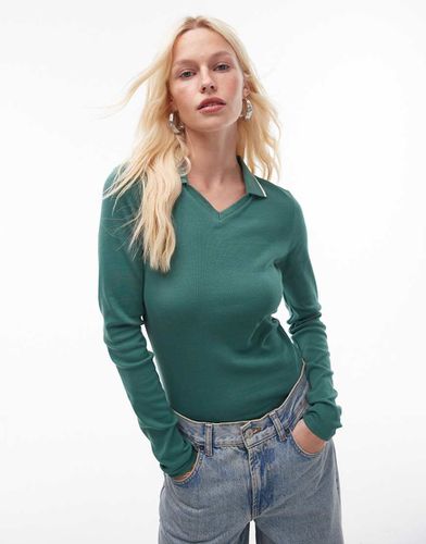 Polo a maniche lunghe scuro con righe a contrasto sui bordi - Topshop - Modalova