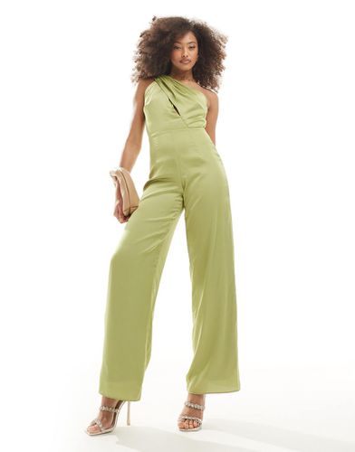 Tuta jumpsuit monospalla da damigella in raso oliva - TFNC - Modalova