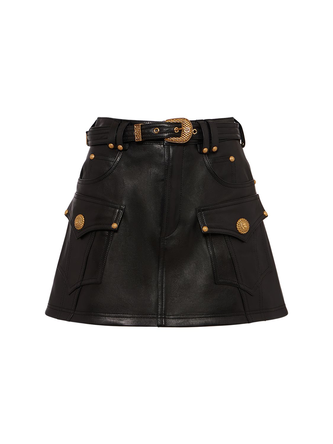 Trapeze Belted Leather Mini Skirt - BALMAIN - Modalova