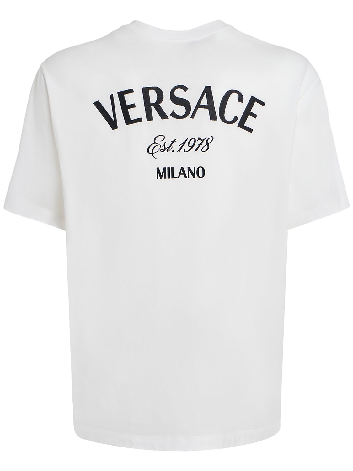 T-shirt In Cotone Con Ricamo Logo - VERSACE - Modalova