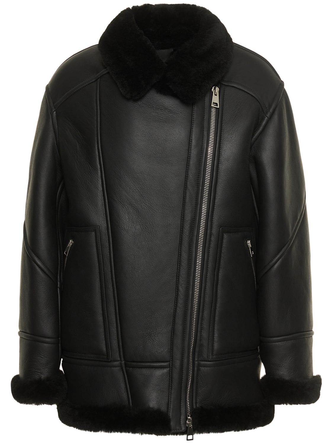 Oversize Straight Leather Biker Jacket - BLANCHA - Modalova