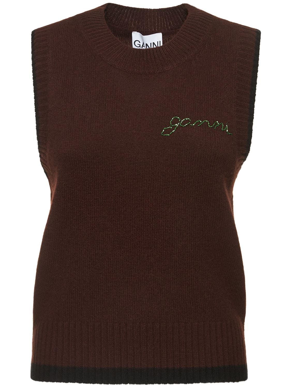 O Neck Wool & Cashmere Logo Vest - GANNI - Modalova