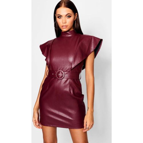 Vestido Ajustado Con Volante En Los Hombros Y Cinturón De Cuero Sintético - boohoo - Modalova