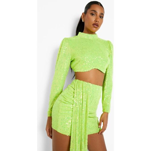 Top Crop De Lentejuelas Con Cuello Alto - boohoo - Modalova