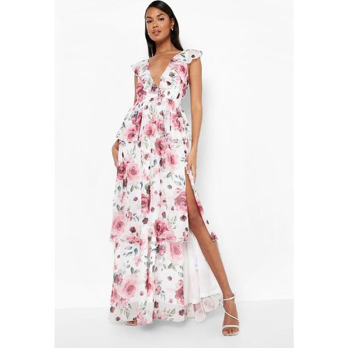 Vestito maxi a fiori con arricciature e balze - boohoo - Modalova