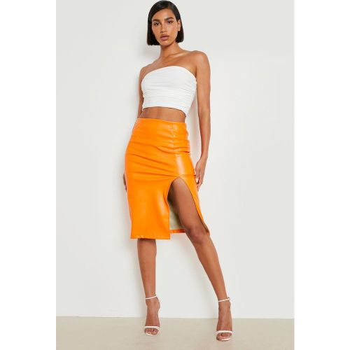 Falda Midi De Cuero Sintético Con Abertura En El Muslo - boohoo - Modalova