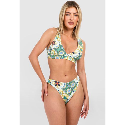 Tile Print Padded Plunge Bikini Set - boohoo - Modalova