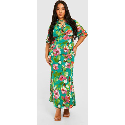 Plus Woven Floral Print Plunge Long Sleeve Midaxi Dress - boohoo - Modalova