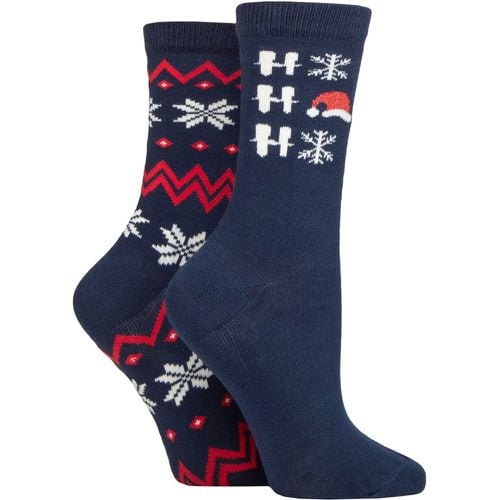 Women's 2 Pair Ho Ho Ho & Fairisle Christmas Cotton Socks Navy One Size - Charnos - Modalova