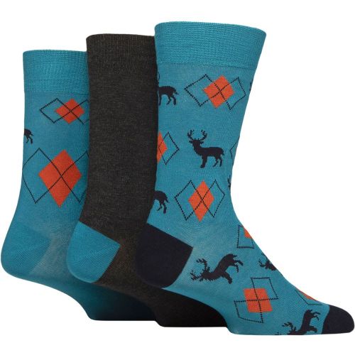 Mens 3 Pair Gift Tagged Patterned Bamboo Socks Teal Stag / Argyle 7-11 Mens - Glenmuir - Modalova