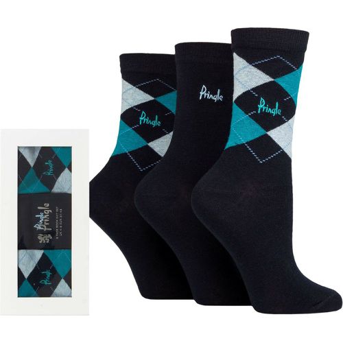Ladies 3 Pair Gift Boxed Louise Plain and Argyle Cotton Socks Navy / Teal 4-8 - Pringle - Modalova