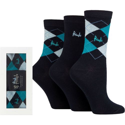 Women's 3 Pair Gift Boxed Louise Plain and Argyle Cotton Socks Navy / Teal 4-8 - Pringle - Modalova