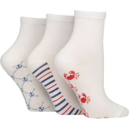 Women's 3 Pair Plain and Patterned Bamboo Ankle Socks Patterned Sole White / Nautical 4-8 - SockShop - Modalova