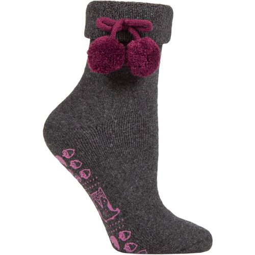 Women's 1 Pair Wool Mix Slipper Socks with Pompoms Charcoal / Purple 4-8 Ladies - Elle - Modalova