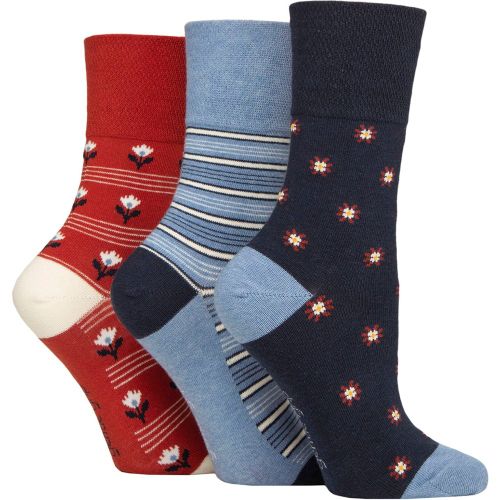 Women's 3 Pair Gentle Grip Cotton Patterned and Striped Socks Tropical Folklore Denim / Navy / Orange 4-8 - SockShop - Modalova