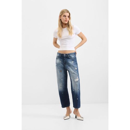 Jeans straight délavé in cotone con abrasioni e cerchietti - Please - Modalova