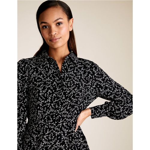 Leaf Print Puff Sleeve Mini Shirt Dress black - Marks & Spencer - Modalova