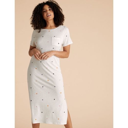 Cotton Modal Star Print Long Nightdress beige - Marks & Spencer - Modalova