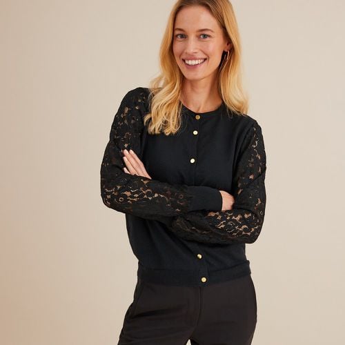 Fine Knit Cardigan with Lace Sleeves and Crew Neck - Anne weyburn - Modalova