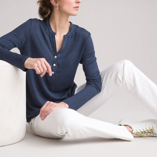 Linen Grandad Collar T-Shirt with Long Sleeves - Anne weyburn - Modalova
