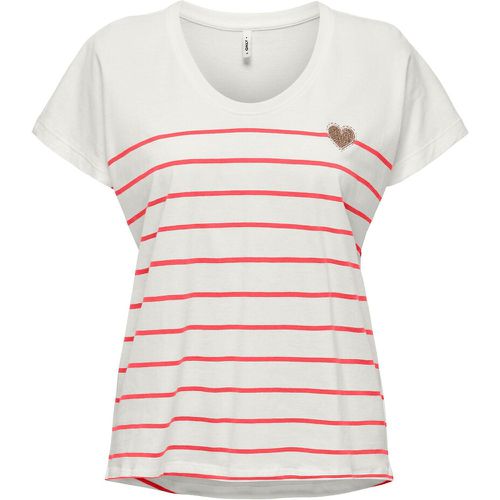 Striped Cotton T-Shirt with Heart Print on Front - Only - Modalova