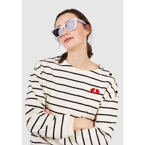 Breton Striped Cotton Sweatshirt with Buttoned Shoulder and Crew Neck - ICODE - Modalova