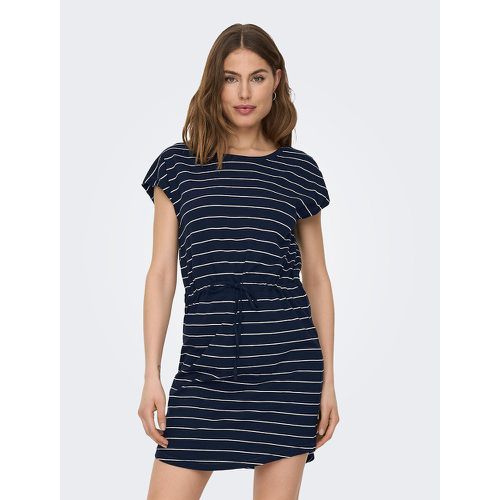 Striped Print Cotton Dress with Short Sleeves and Crew Neck - Only - Modalova
