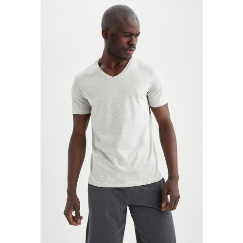 Basic V Neck Short Sleeve Slim Fit Long Line T-shirt - Cream - DeFacto - Modalova