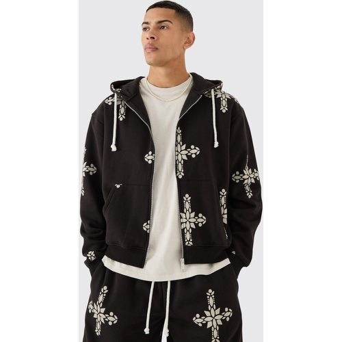 Sudadera Oversize Recta Con Capucha, Cremallera Y Estampado De Cruces - boohoo - Modalova