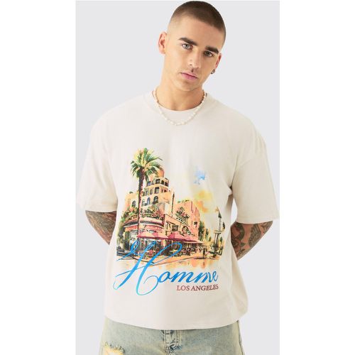 T-shirt squadrata oversize Homme in lavaggio con stampa di paesaggi - boohoo - Modalova