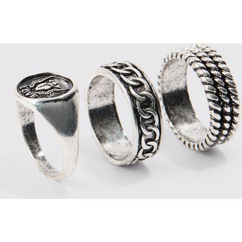 Pack De 3 Anillos Plateados Con Relieve - boohoo - Modalova