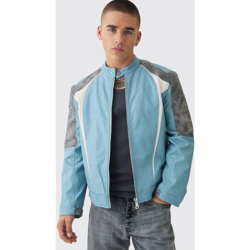 Giacca da moto slavata con pannelli in PU blu - boohoo - Modalova