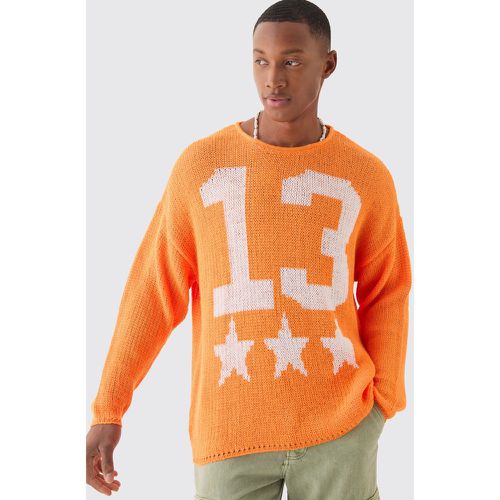 Oversized Boxy Jacquard Varsity Open Stitch Jumper In Orange - boohoo - Modalova