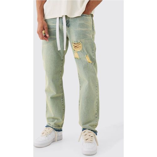 Relaxed Rigid Ripped Let Down Hem Jeans With Extended Drawcords In Green Wash - boohoo - Modalova