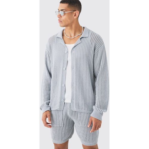 Relaxed Crochet Open Knit Long Sleeve Shirt In Grey - boohoo - Modalova