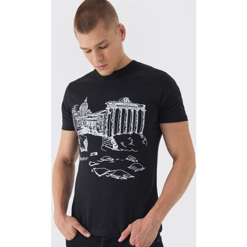 T-shirt Slim Fit con stampa di paesaggio e stencil - boohoo - Modalova