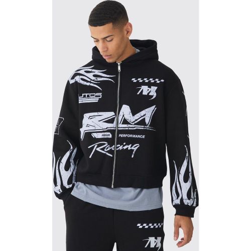 Felpa squadrata oversize Moto Racing con fiamme, zip e cappuccio - boohoo - Modalova